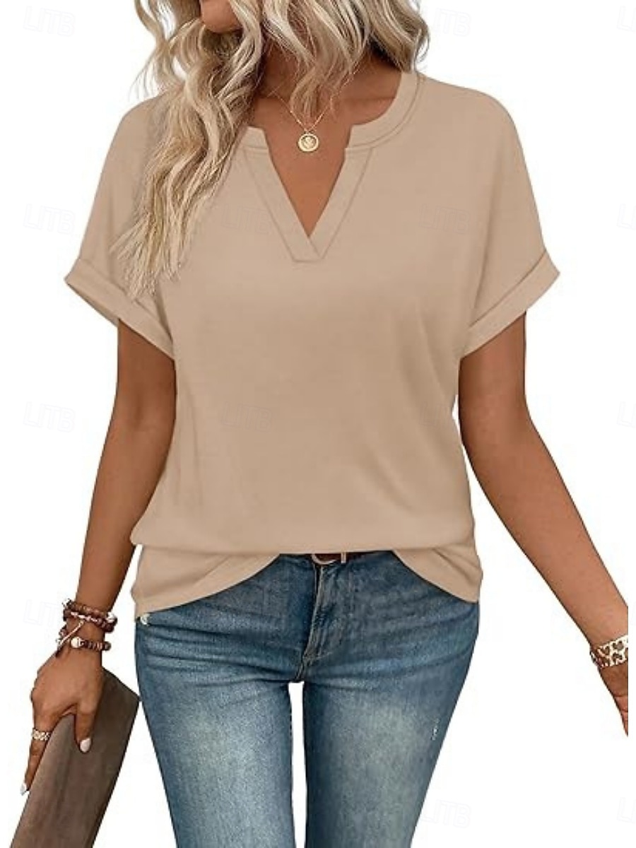 Femmes T-shirt Uni Mode Élégant Classique Manche Courte Col en V Hauts Réguliers Quotidien Sortir Week-end Bleu Noir Blanche Rose Claire Rouge Été Printemps de 2026 ? $19.99 –P3