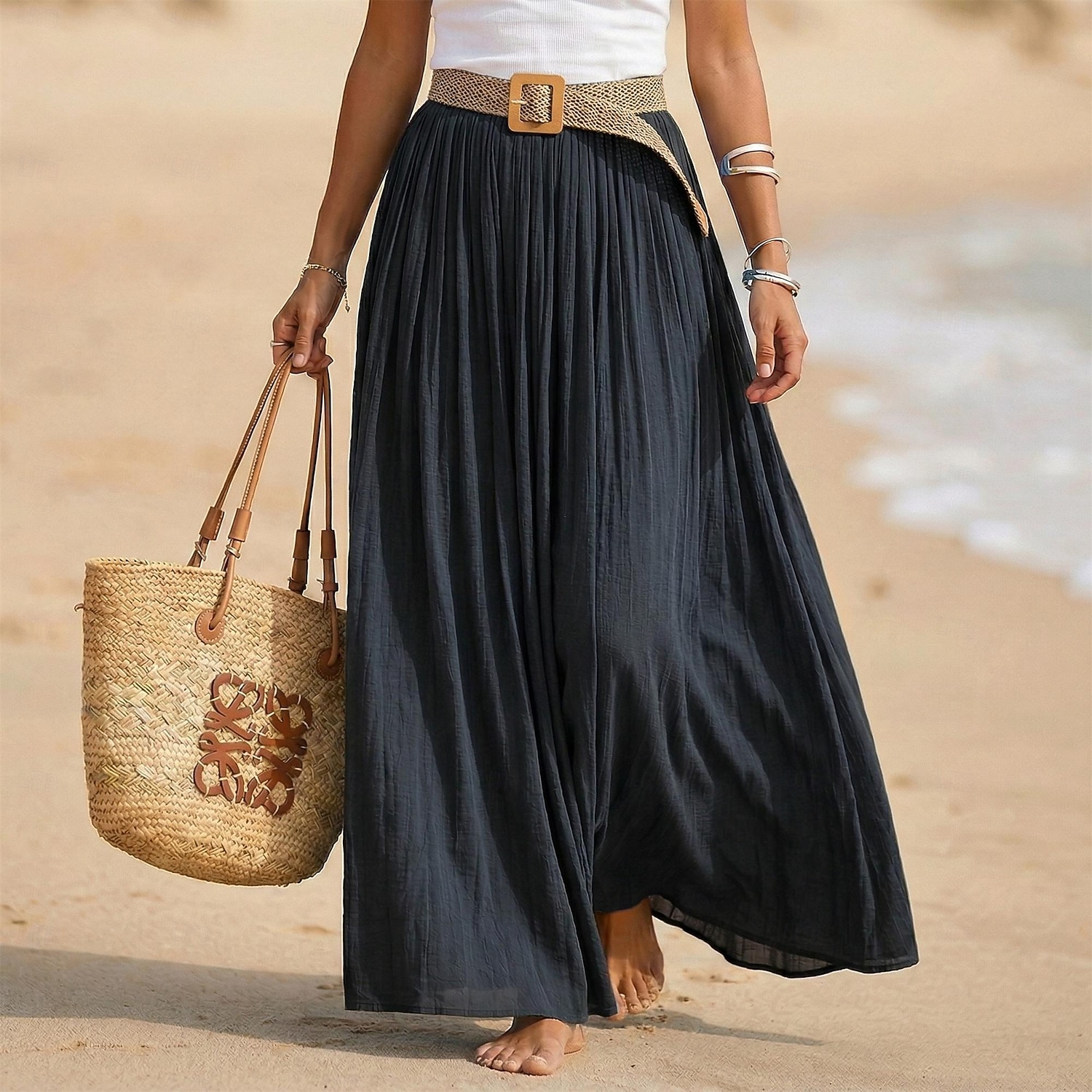 Pentru femei Fustă de vacanță Fustă din bumbac artificial și in Modă Casual Lung vară Maxi Talie Înaltă Fuste Simplu Zdrobit Fluid Strech Zilnic Plajă Albastru piscină Măr Verde Maroniu Galben Lămâie 2026 - $28.99 –P13