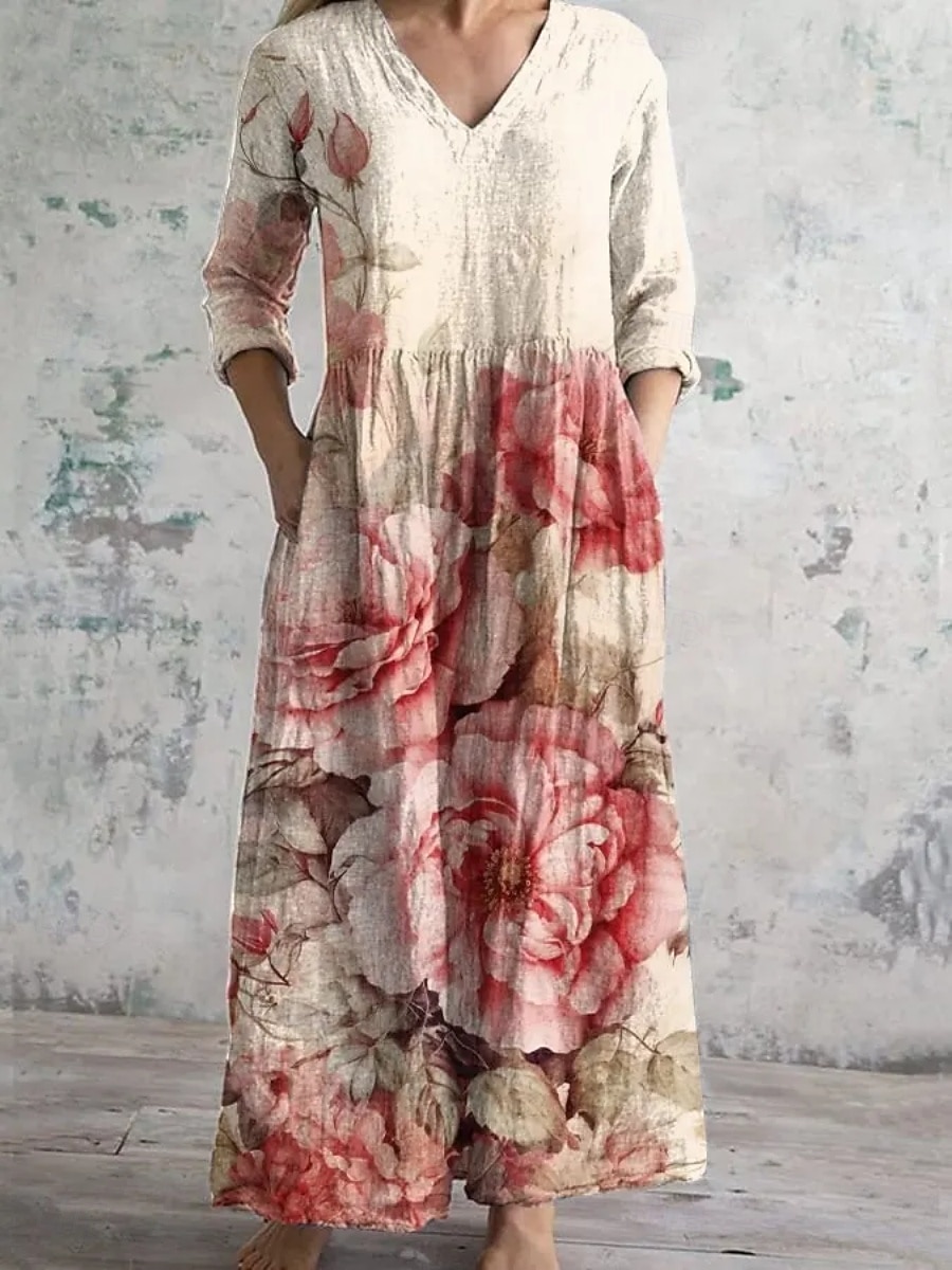 Mujer Vestido maxi Vestido informal Vestido Estampado Elegante Moda Moderno Exterior Vacaciones Fin de semana Holgado Floral Manga Larga Escote en Pico Rosa Verano Primavera 2026 - $34.99 –P1