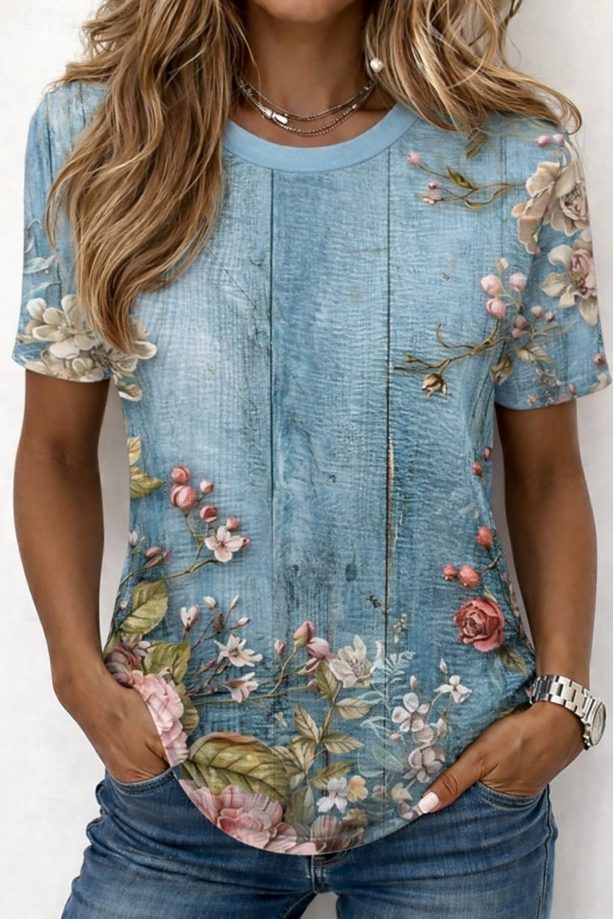 Mujer Camiseta Estampado Ombre Floral Graphic Elegante Clásico Casual Manga Corta Cuello Barco Escote Redondo Tops regulares Casual Diario Azul Piscina Blanco / azul Blanco Verano Primavera Otoño 2026 - $21.99 –P1
