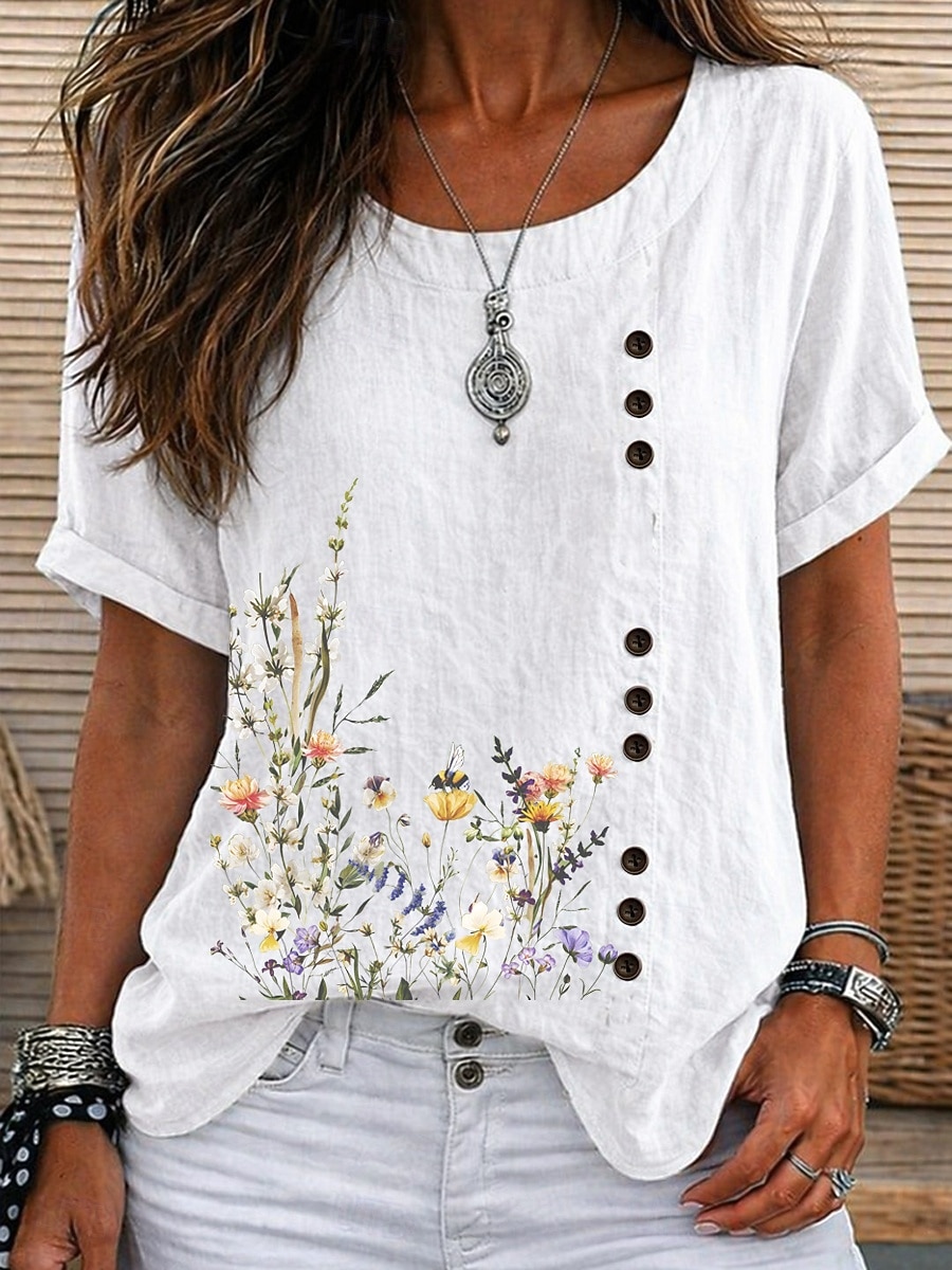Women's Blouse Buttons Floral Graphic Elegant Vintage Daily Short Sleeve Crew Neck Regular Tops Casual Daily Holiday Blue Grass Green White Yellow Pink Summer Spring 2026 - $24.99 –P2