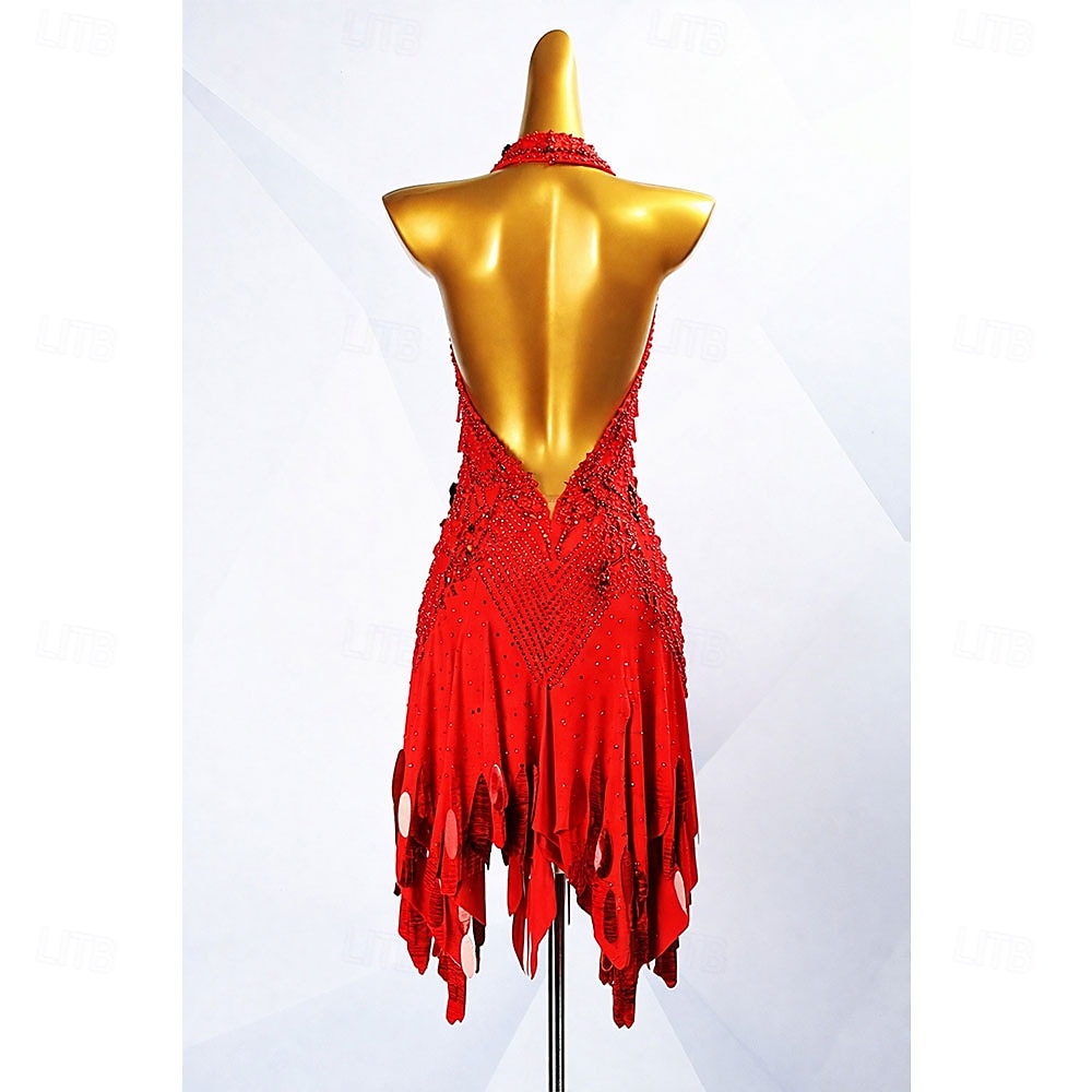 Women's Red Rhinestone Latin Dance Dress Halter Deep V Ballroom Competition Dress 2026 - $590.39 –P2