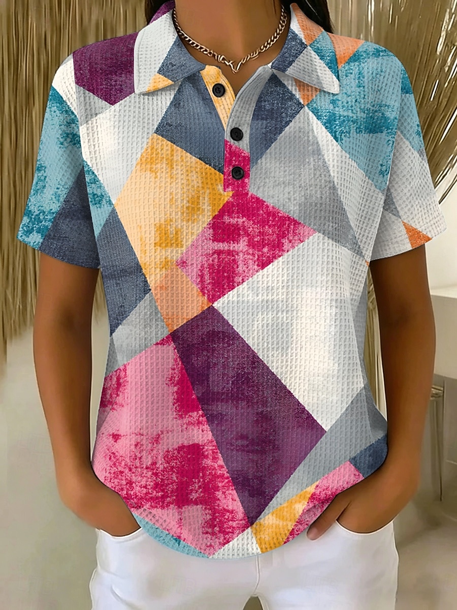 Damen Waffel-Poloshirts Grafik Geometrisch Vintage Stilvoll Klassisch Kurzarm Polokragen Normale Oberteile Lässig Täglich Weiß Gelb Purpur Sommer Frühling 2026 - $24.99 –P1