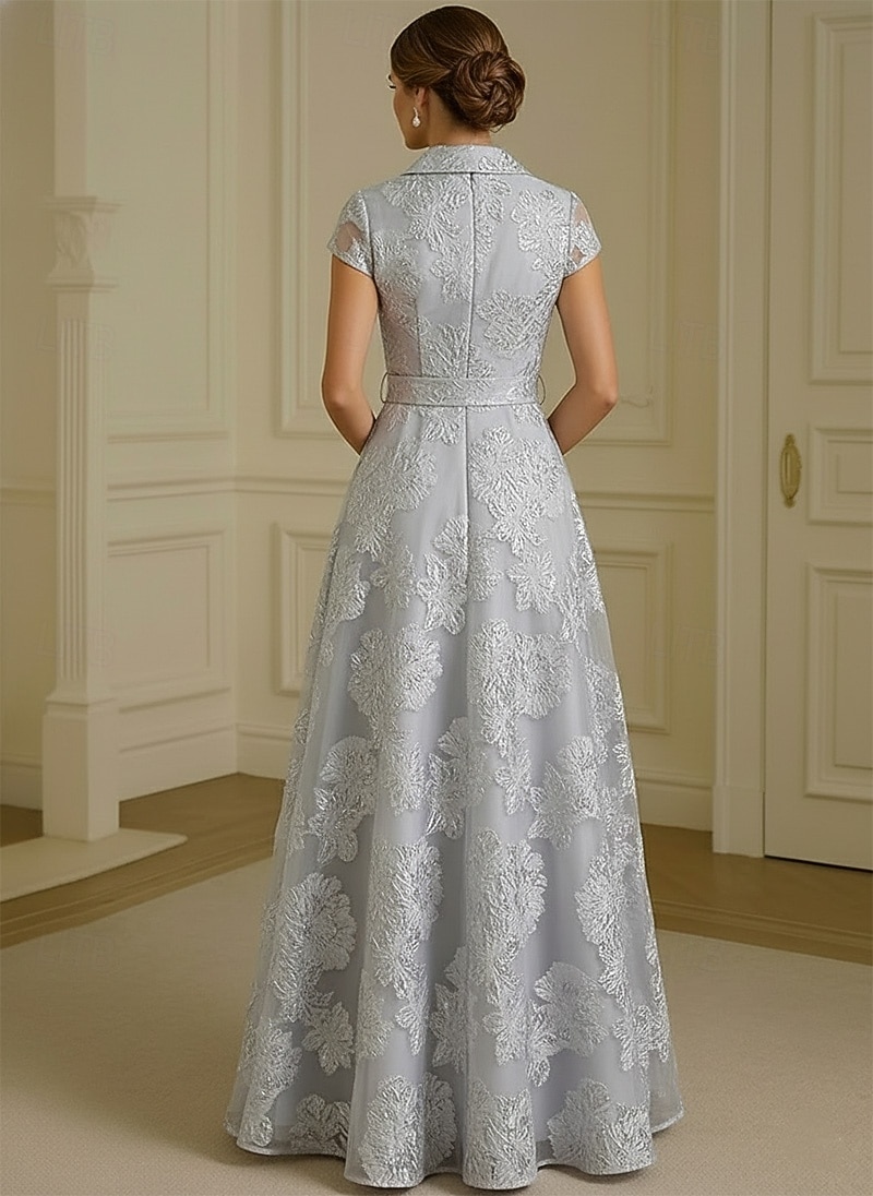 Linea ad A Abito Lunghezza al pavimento Abito da Cocktail Abito da cerimonia per signora Manica Corta Scollo a V Bavero Elegante Vintage Semplice Formale Ospite di nozze Derby del Kentucky Organza del 2026 a $182.99 –P3