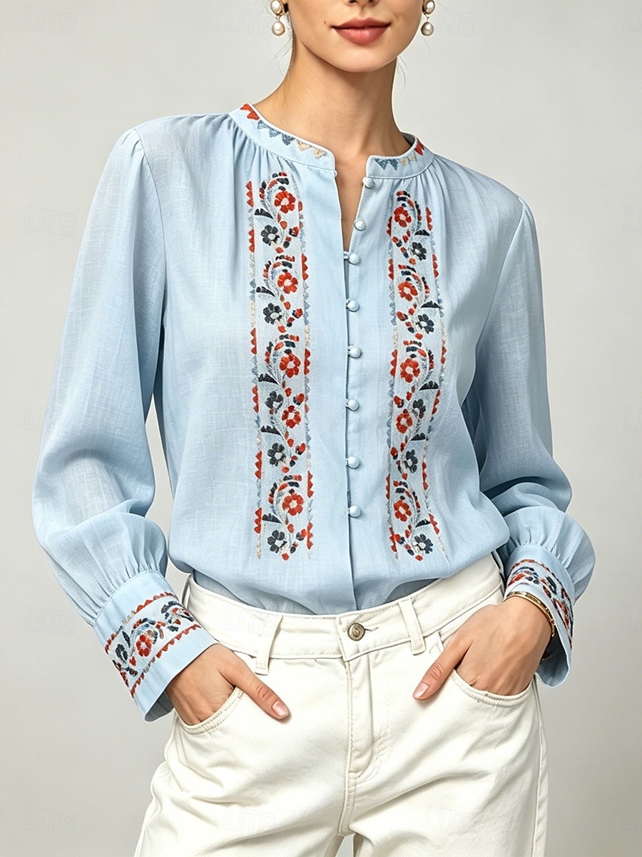 camisa de manga larga para mujer con bordado floral 2026 - $41.99 –P10