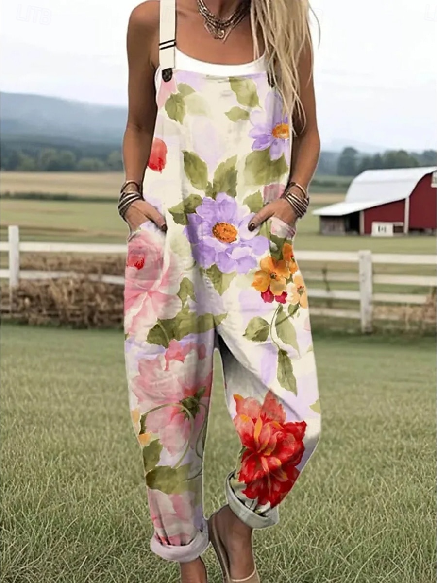 Women's Overall Active Floral Sleeveless Sleeveless Square Neck Patchwork Pocket Daily Beach Loose Fit Pink Red Green Summer 2026 - $45.99 –P3
