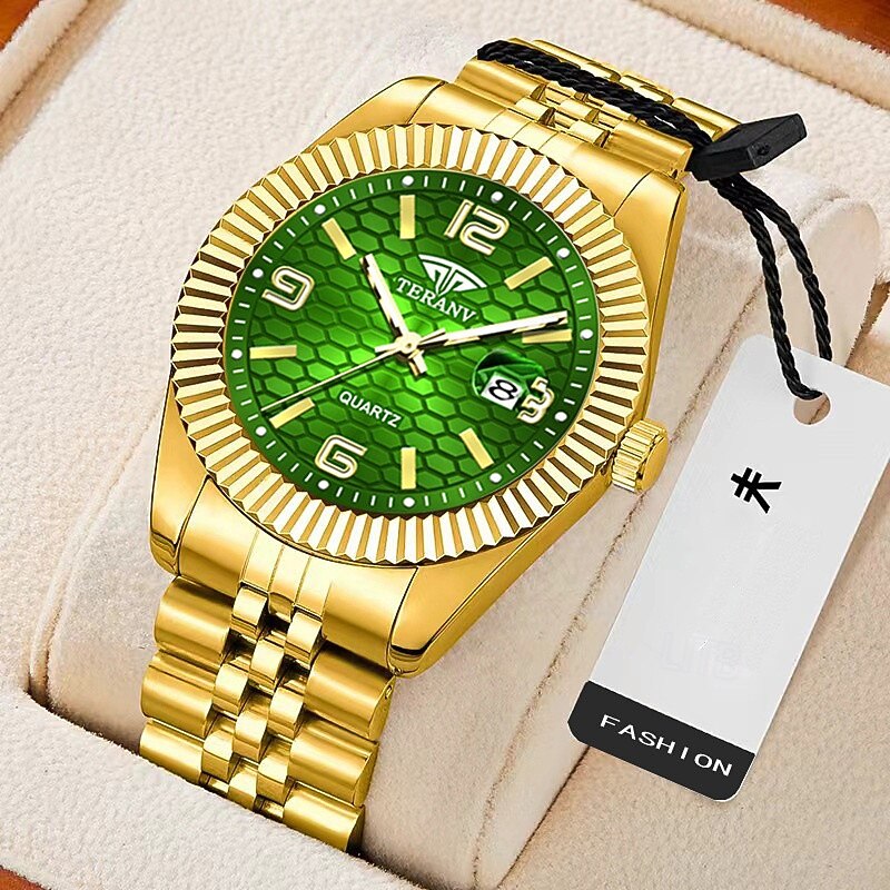 Montre homme de luxe, cadran noir nid d'abeille, mouvement quartz bicolore or et argent en acier inoxydable, lunette cannelée, montre habillée avec date, bijou élégant à offrir. de 2026 ? $21.99 –P10