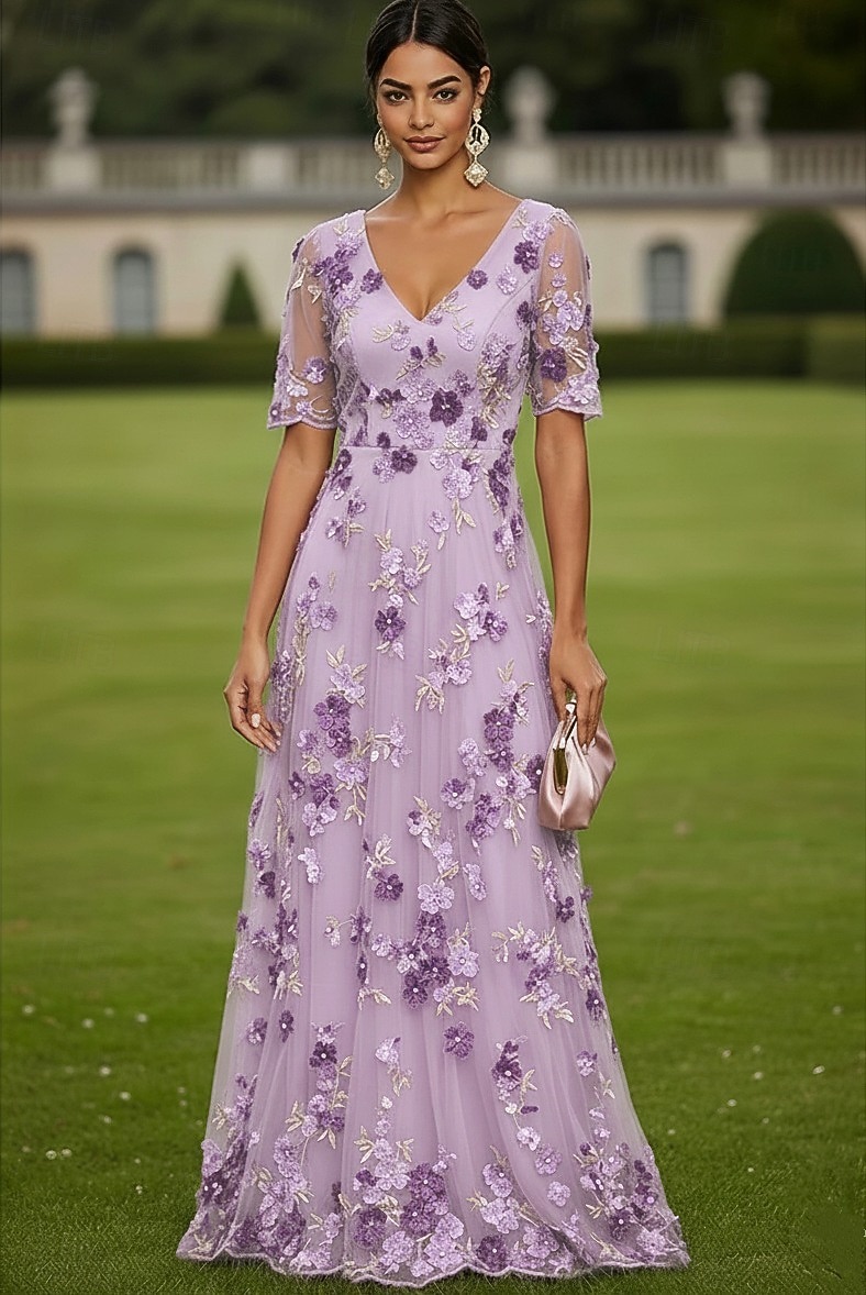 Linea ad A Abito Lunghezza al pavimento Vestito maxi Vestito da Festa Abito da Cocktail Abito da cerimonia per signora Manica Corta Scollo a V Elegante Vintage Lussuoso Formale Ospite di nozze Derby del 2026 a $182.99 –P10
