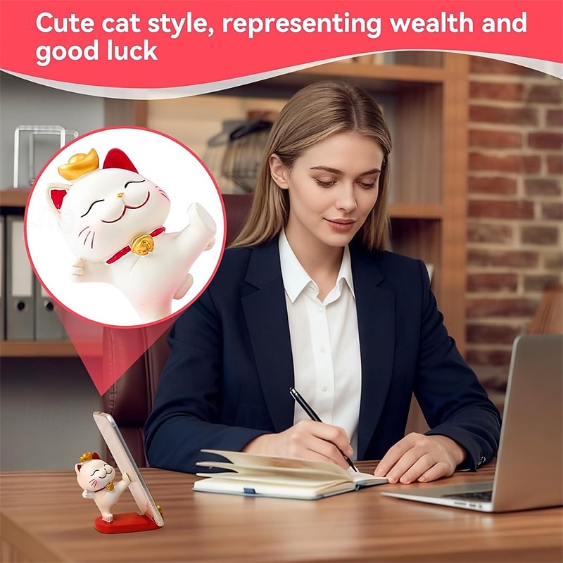 Soporte para smartphone con forma de gato de la suerte, adorable figura kawaii de maneki neko, soporte para teléfono de escritorio, soporte portátil para celular, decoración de oficina, regalo de 2026 - $27.49 –P2