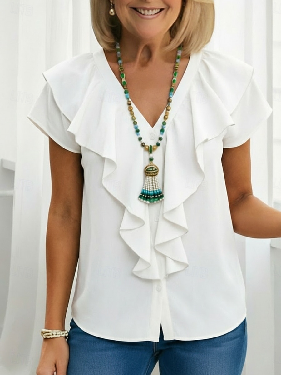 Γυναικεία Πουκάμισο Μπλούζα Με Βολάν Σκέτο Ενεργό Στυλάτο Αμάνικο Λαιμόκοψη V Κανονικά μπλουζάκια Καθημερινά ΕΞΩΤΕΡΙΚΟΥ ΧΩΡΟΥ Αργίες Μαύρο Λευκό Κρασί Σκούρο πράσινο Σκούρο μπλε Καλοκαίρι Άνοιξη 2026 - $27.99 –P1