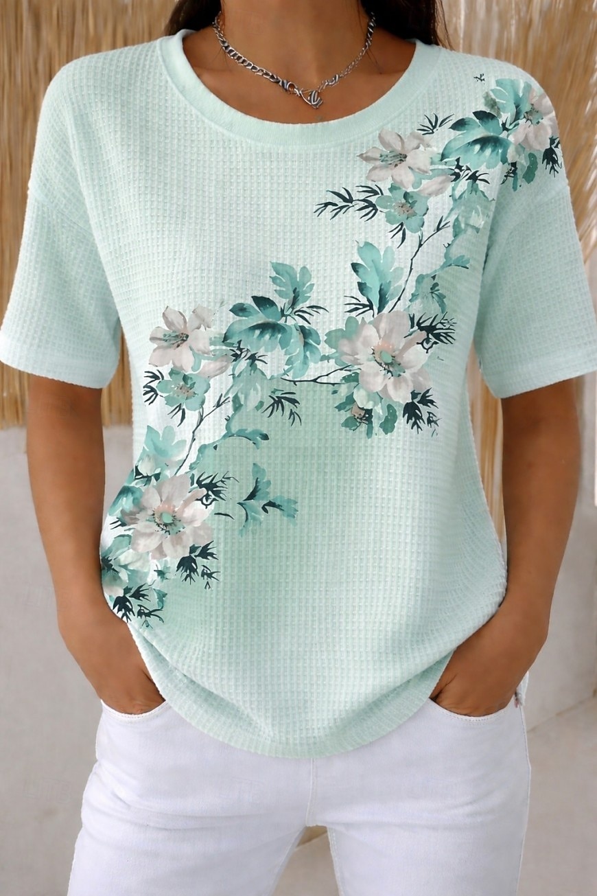 Women's Waffle T-shirt Textured Knit Tops Summer Tops Graphic Geometric Stylish Classic Short Sleeve Crew Neck Round Neck Regular Tops Casual Daily Light Green Light Purple Rainbow Summer Spring Fall 2026 - $21.99 –P3