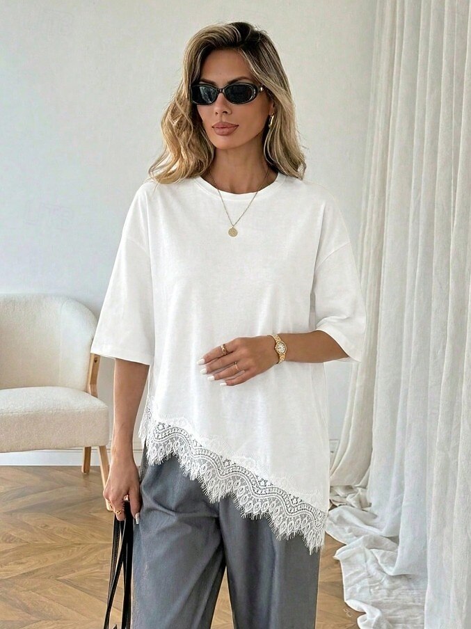 Γυναικεία Κομψή Χιτώνας Μπλουζάκι Ασύμμετρο στρίφωμα Σκέτο Κομψό Βοημία Κοντομάνικο Στρογγυλή Ψηλή Λαιμόκοψη Μακριές μπλούζες Causal Μαύρο Λευκό Καλοκαίρι Άνοιξη 2026 - $22.99 –P3