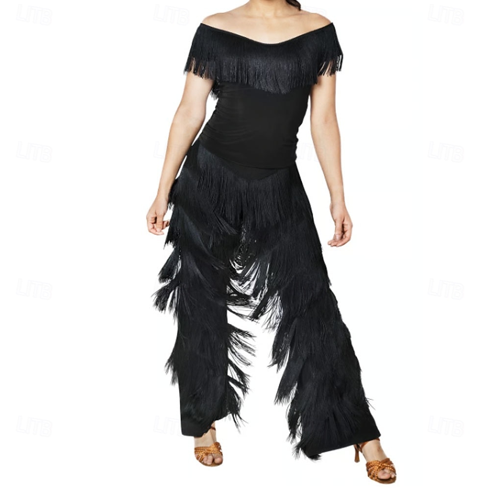 Calças latinas femininas pretas com franjas em camadas - calças de pernas largas com franjas em várias camadas para dança de salão e salsa. & desempenho de 2026 por $73.99 –P3