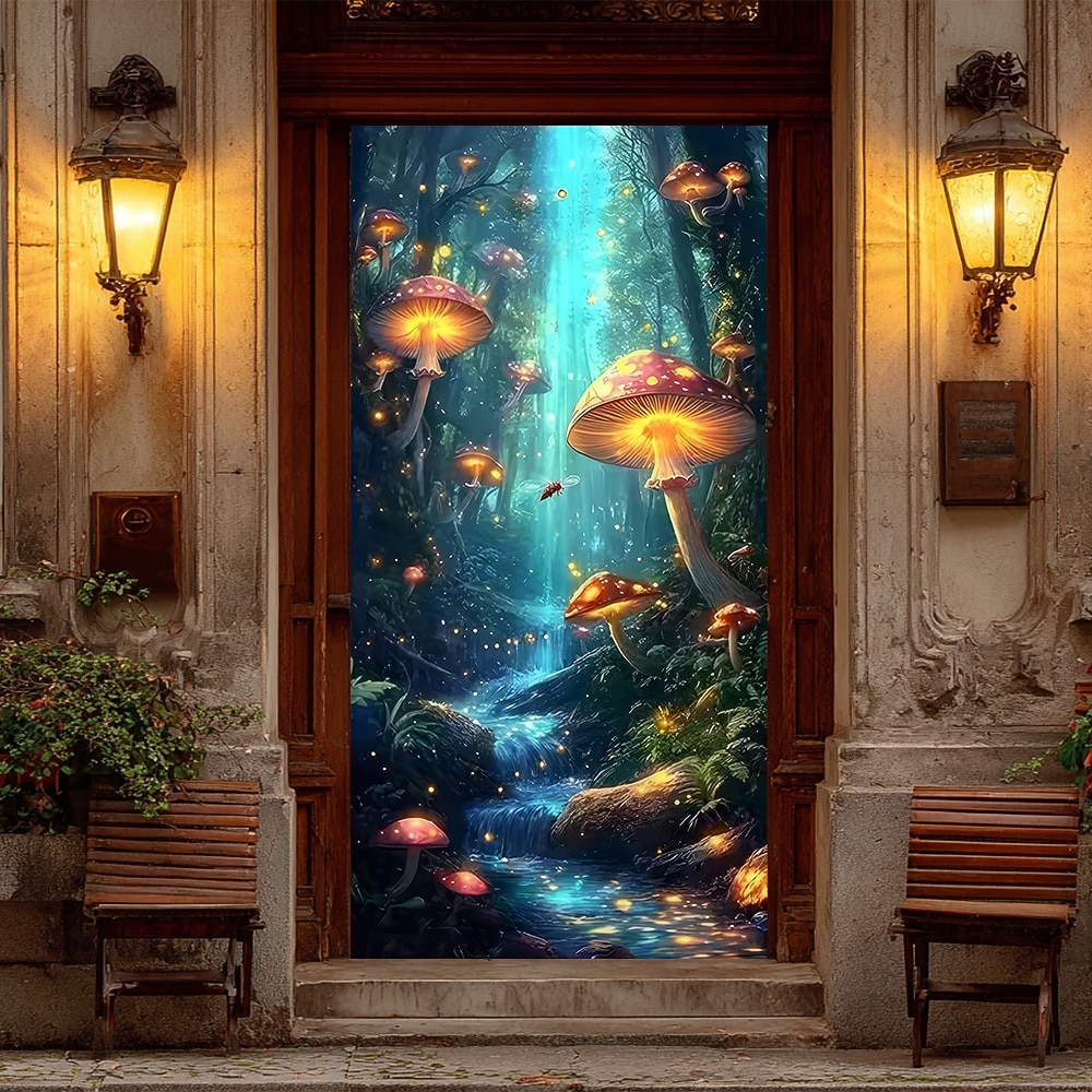 Fantasy Enchanted Forest Glowing Mushroom Door Banner Magic Fairytale Waterfall Nature Scenery Door Cover 3D Mystical Jungle Fireflies Wall Tapestry For Kids Room Bedroom Decor 2026 - $17.99 –P1