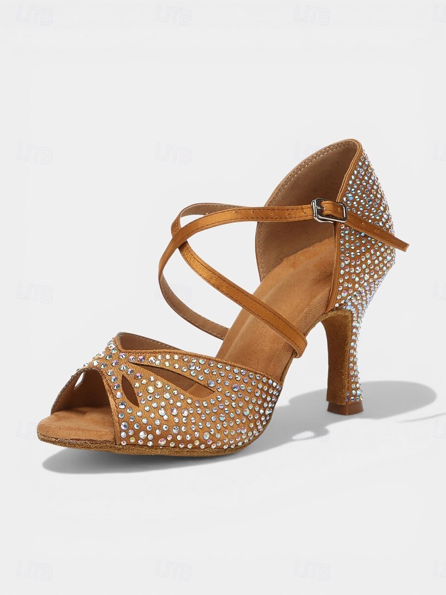 Women's Tan Rhinestone Latin Dance Heels - Sparkling Strappy Salsa Ballroom Shoes 2026 - $69.99 –P4