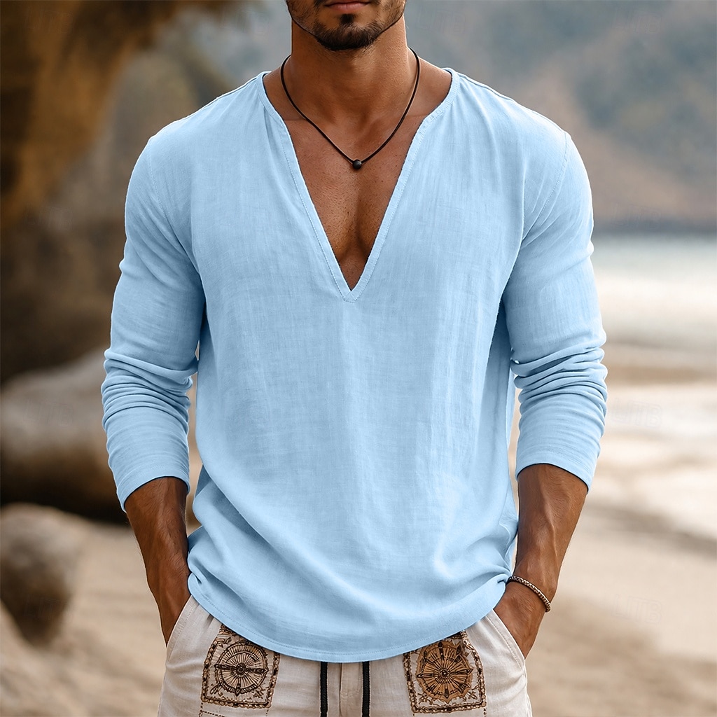 Voor heren T-shirt Lange mouw V-hals Lente zomer Zomer Lente Effen Modieus Ontwerper Basic Zacht Casual Vakantie Straat Licht Blauw Top T-shirt voor mannen 2026 - $18.99 –P1