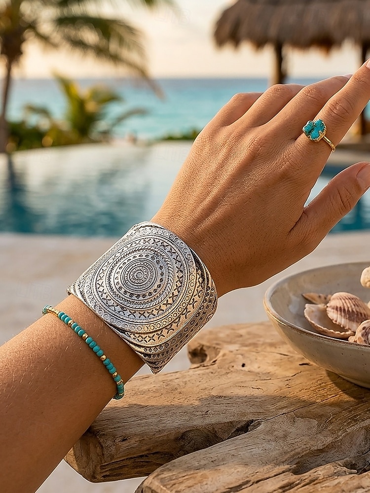 Brățară tip manșetă boemă din aliaj pentru femei, cu model deschis, din aur și argint, pentru vacanță la plajă, ținută casual zilnică, stil resort și bijuterii de vară. 2026 - $7.99 –P2