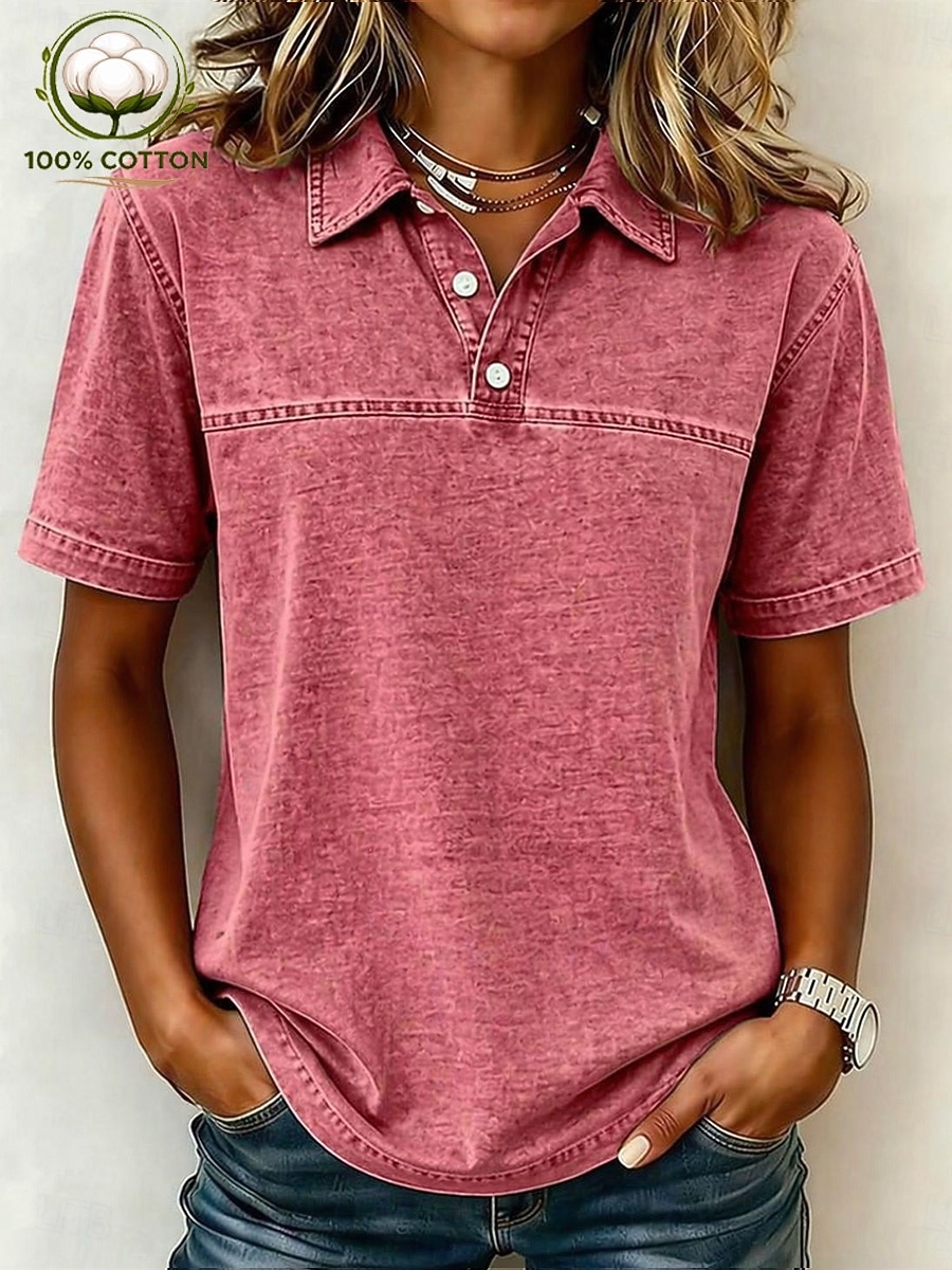 Camiseta Henley vintage para mujer, 100% algodón - Blusa básica de manga corta con lavado suave 2026 - $28.99 –P12