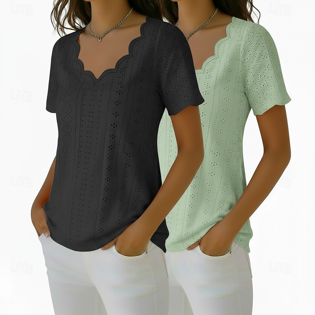 pachete multiple 2 buc bluză textură top cu ochiuri tricou simplu elegant de bază clasic mânecă scurtă decolteu în V topuri obișnuite casual zilnic plajă galben+negru 2026 - $38.99 –P8