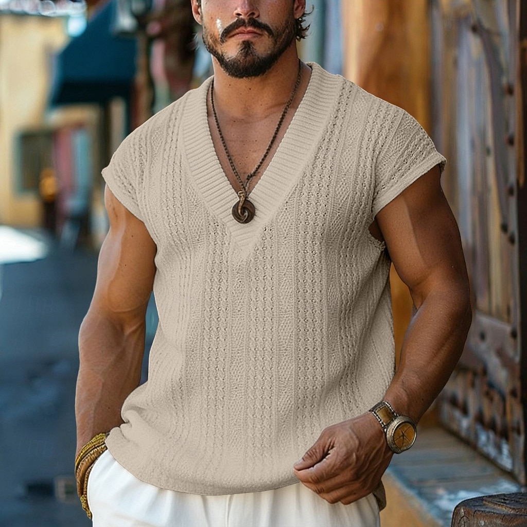 Men's T-Shirt Outfits Tee Top Sleeveless V Neck Spring & Summer Summer Spring Knitwear Hawaiian Designer Knitted Casual Daily Home White Top Tee for Men 2026 - $21.99 –P13