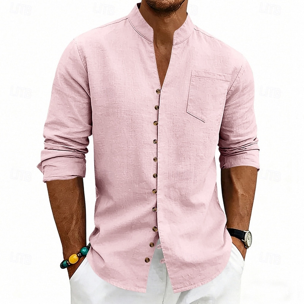 Homens Camisa Social Camisa de linho camisa de verão camisa de praia Tecido Casual Férias Preto Branco Rosa Azul Marinha Manga Longa Faixa Verão Primavera Roupa Bolsos de 2026 por $25.99 –P1