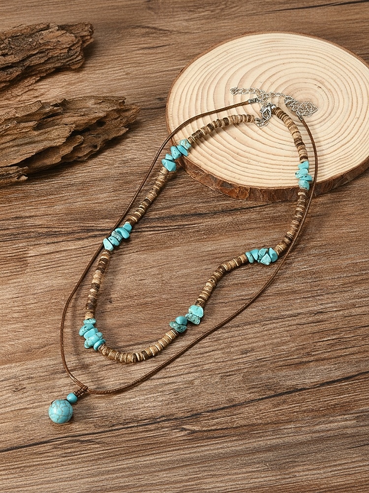 Ανδρικό κολιέ μποέμ με κέλυφος καρύδας και τυρκουάζ, μπλε και καφέ κολιέ με χάντρες σε στρώσεις για διακοπές στην παραλία, ρούχα σε θέρετρα, casual καλοκαιρινά ρούχα και καθημερινή χρήση 2026 - $4.99 –P4