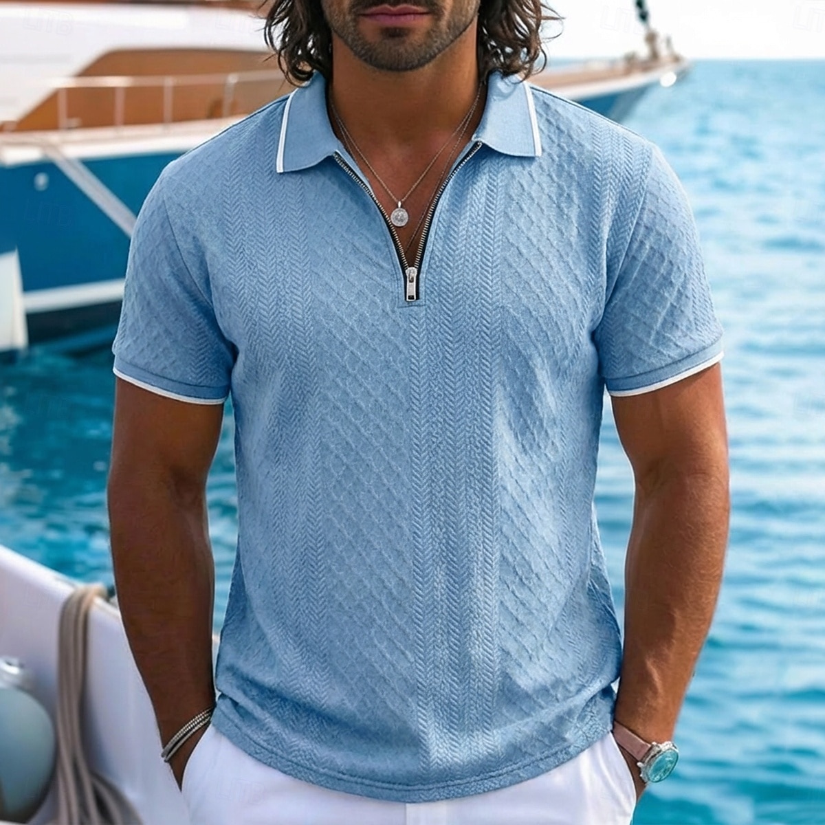 Homens Polo com zíper Textura Casual Feriado Lapela Quarter Zip Manga Curta Moda Básico Tecido Jacquard Quarter Zip Verão Normal Azul Claro Preto Branco Vinho Azul Marinha Caqui Polo com zíper de 2026 por $22.99 –P1