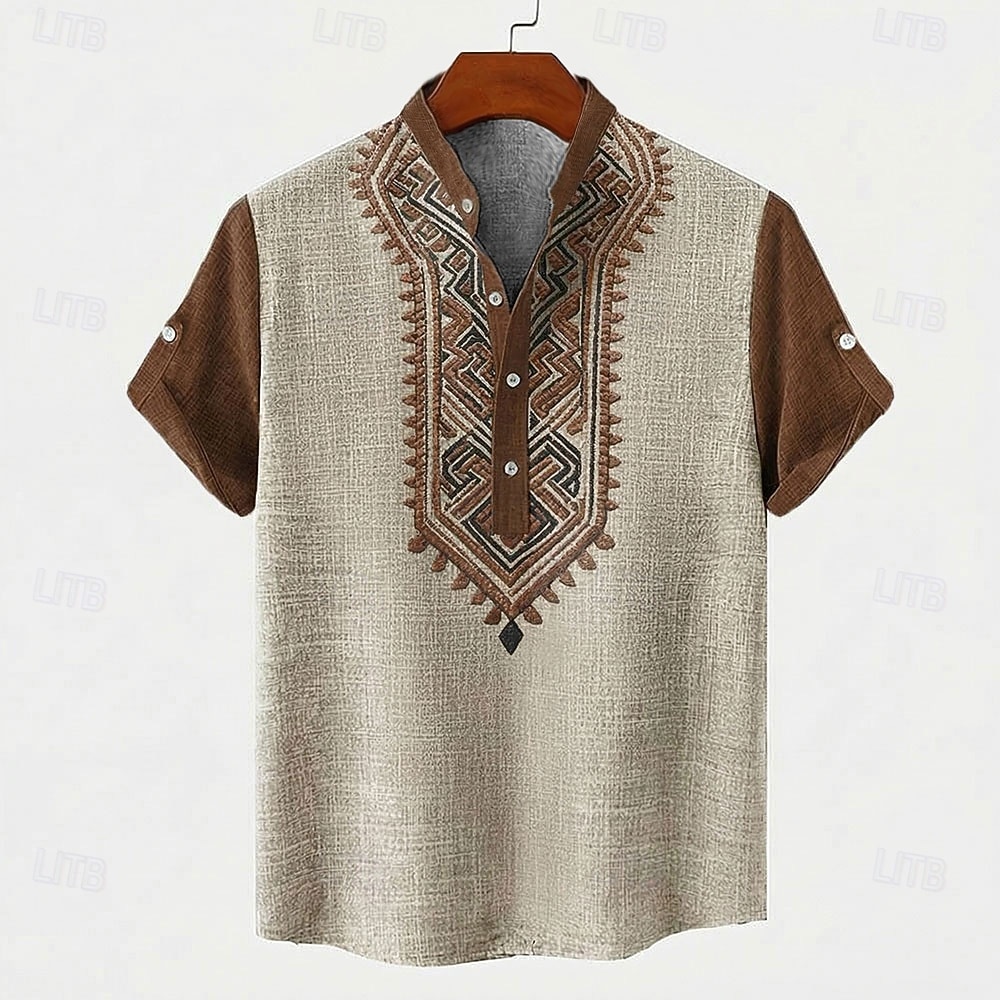 Bărbați Model Geometric Tribal Έθνικ Cămașă Cămașă cu nasturi Manșon scurt Vintage Retro Concediu Casul / Zilnic Vară Primăvară Guler în picioare Henley Guler Imprimare 3D Cămașă de in Sötét khaki 2026 - $25.99 –P2