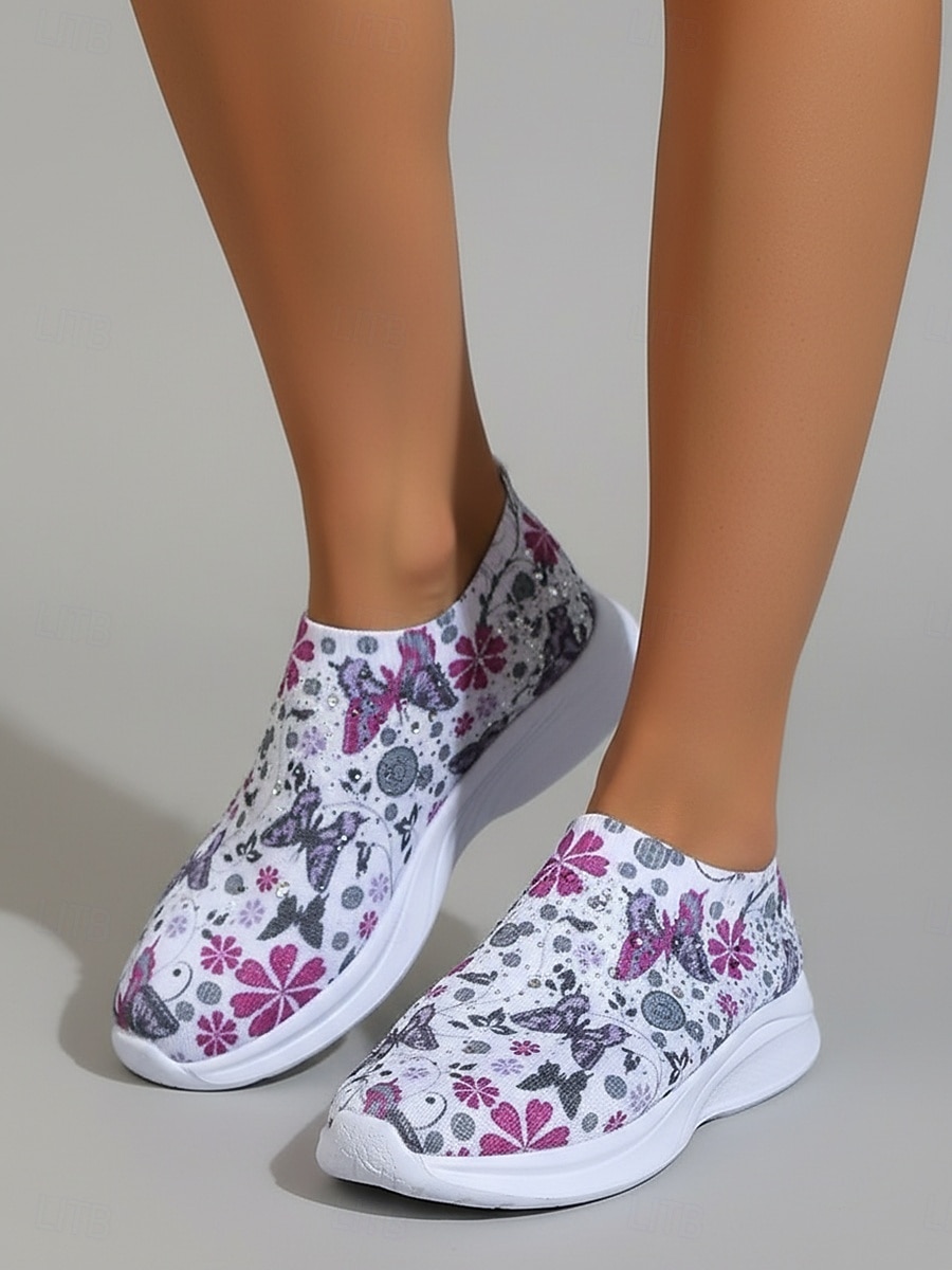 Women's Purple Butterfly Floral Print Sneakers, Breathable Knit Rhinestone Slip On Shoes, Comfortable Casual Walking Shoes for Daily, Vacation & Weekend 2026 - $26.99 –P3