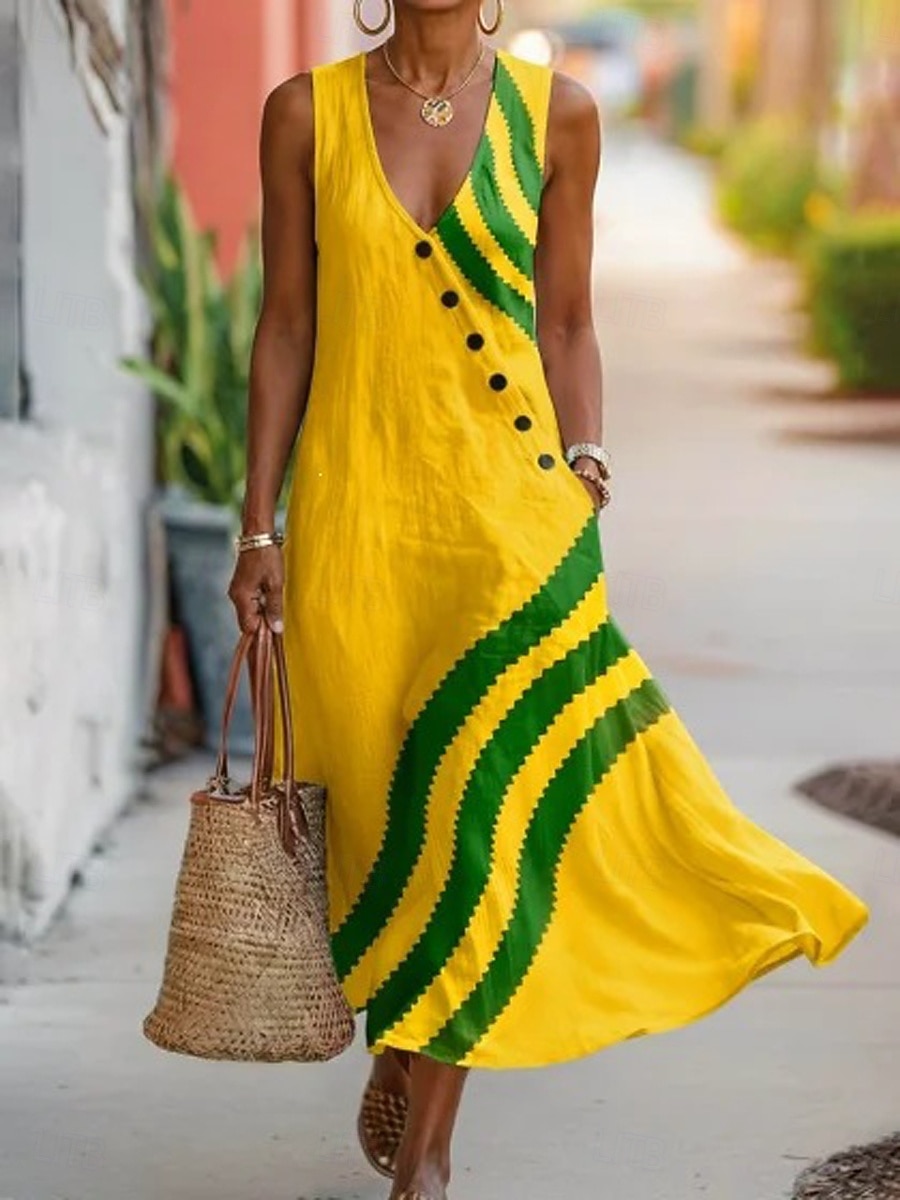Mujer Vestido maxi Vestido de verano Vestido informal Vestido de una línea Elegante Vacaciones Playa Festivos Ajuste regular Graphic Geométrico Sin Mangas Escote en Pico Amarillo Marrón Beige Verano 2026 - $42.99 –P3