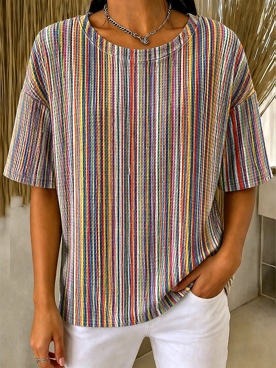 Per donna Maglietta Waffle Top a maglia con texture A strisce Floreale Grafico Geometrico Elegante Classico Manica Corta Girocollo Top Regolari Casuale Quotidiano Blu Giallo Verde Cachi Estate del 2026 a $21.99 –P4