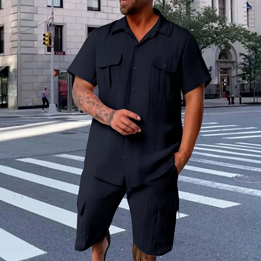2026年 男性用 スタイル ２個 シャツセット そして ショーツ ビーチショーツ 設定 平織り カジュアル 日常 アウトドア 折襟 半袖 夏 ファッション カジュアル 快適 衣類  コレクション – $39.99 –P6