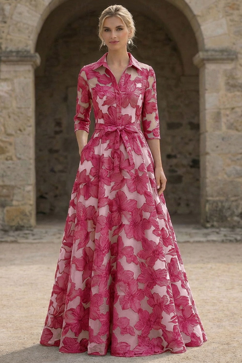 Linha A Longo Vestido Para Mãe dos Noivos Manga Longa Colarinho de Camisa Elegante Vintage Formal Festa de Família Kentucky Derby Cetim Organza com Laço(s) Flor de 2026 por $171.99 –P1