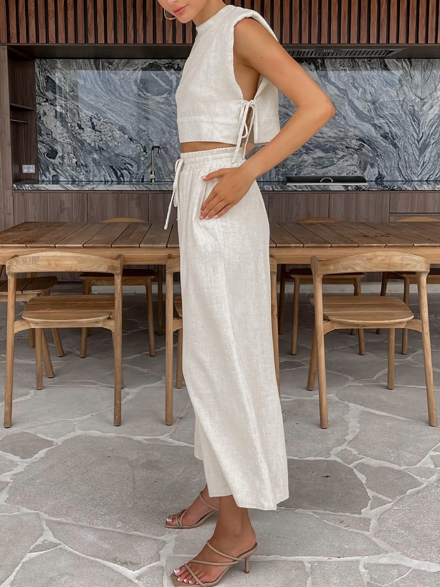 Women's Cotton Linen Sets Two Piece Sets Camis Sleeveless Crew Neck Plain Vacation Fashion Streetwear Casual Daily Outdoor Orange Brown Green Summer Regular Fit 2026 - $51.99 –P2