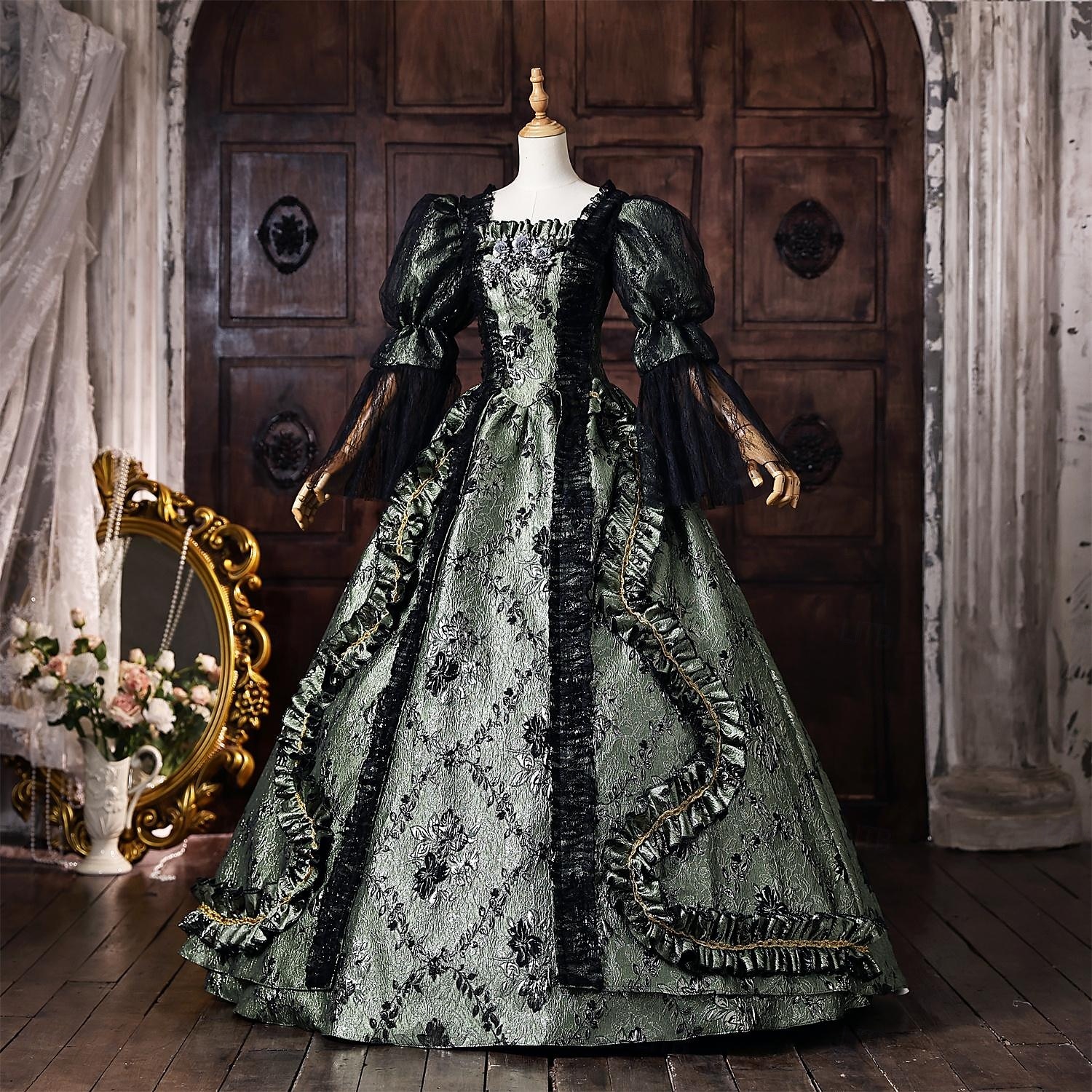Rococo Baroque Ball Gown Floor Length Dress Ball Gown Puff Balloon Sleeve Princess Bridal Lace Floral Ball Gown Square Neck Fancy Dress Women's Royal Halloween Carnival Masquerade Tea Party Party 2026 - $301.49 –P3