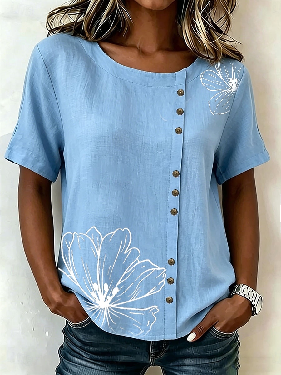 Women's Blouse Buttons Print Floral Graphic Vintage Tropical Stylish Short Sleeve Crew Neck Regular Tops Casual Holiday Blue Pink Purple Green Summer Spring 2026 - $29.99 –P2