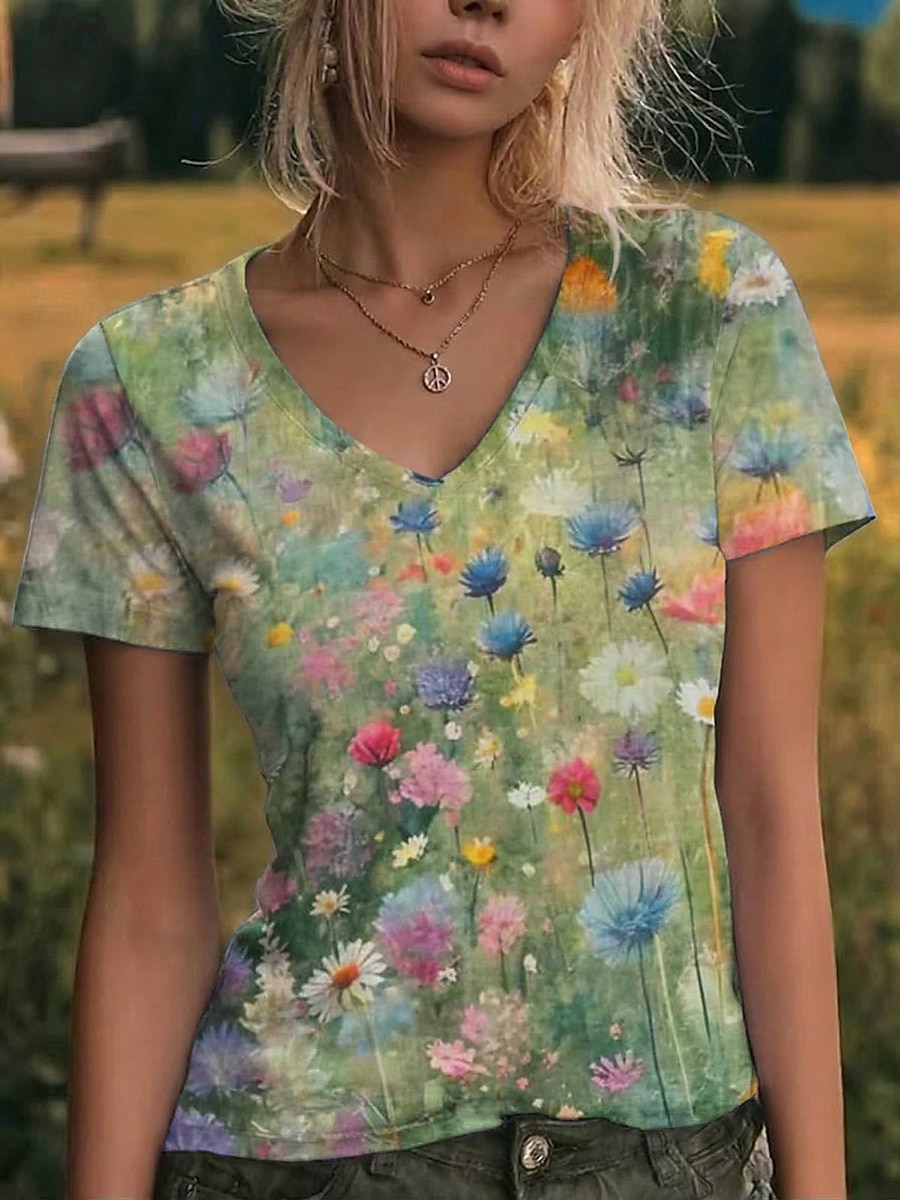 Women's T Shirt Print Floral Graphic Vintage Stylish Classic Short Sleeve V Neck Regular Tops Casual Daily Going out Blue Green Summer Spring 2026 - $21.99 –P2