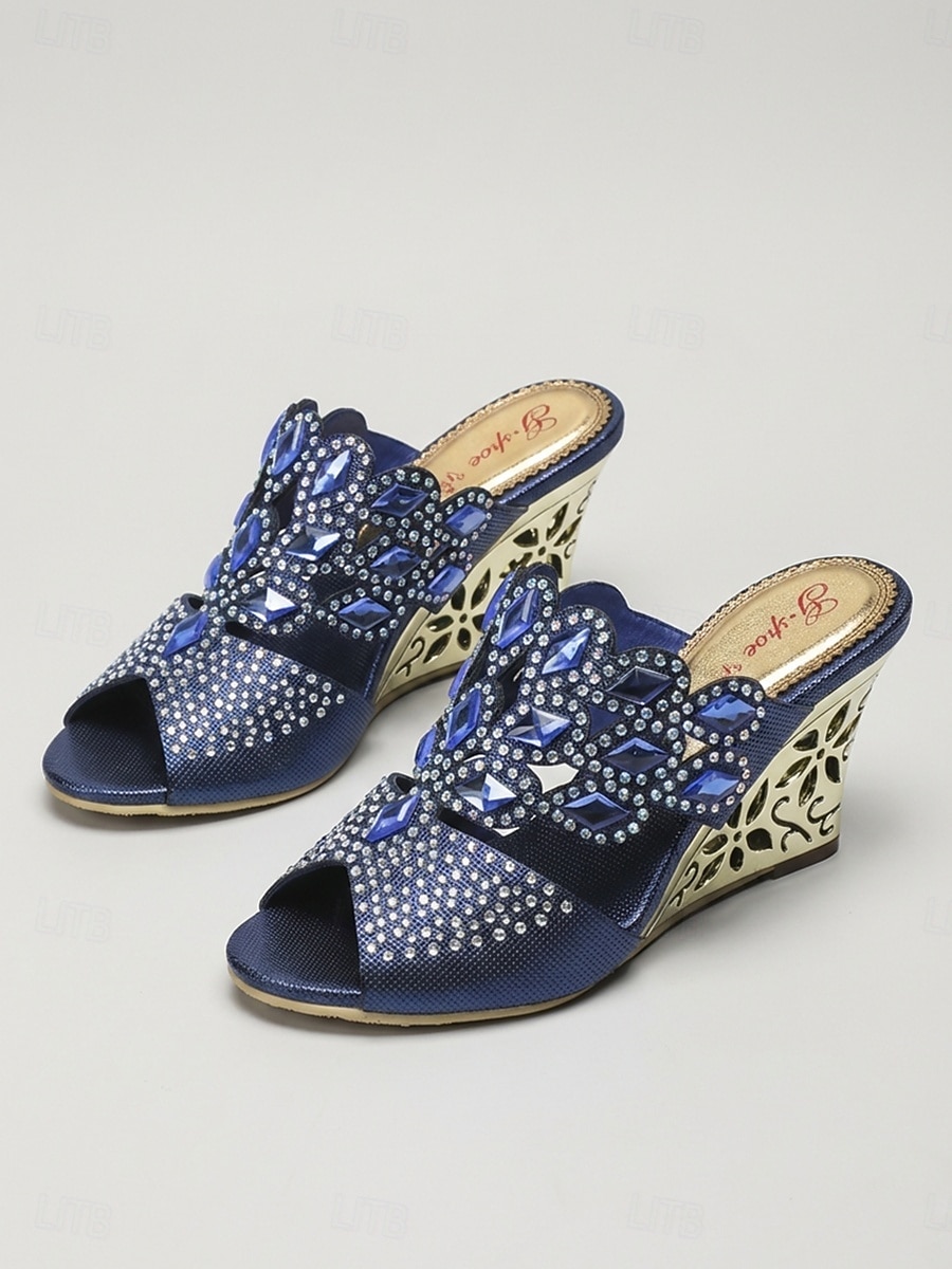 Sandalias de cuña azules adornadas para mujer, zapatos elegantes sin cordones con punta abierta para la madre de la novia, boda en el jardín &eventos formales 2026 - $64.99 –P4