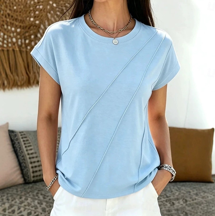 Per donna Maglietta Elegante Classico Manica Corta Girocollo Top Regolari Casuale Blu Nero Bianco Rosa Estate Primavera del 2026 a $21.99 –P2