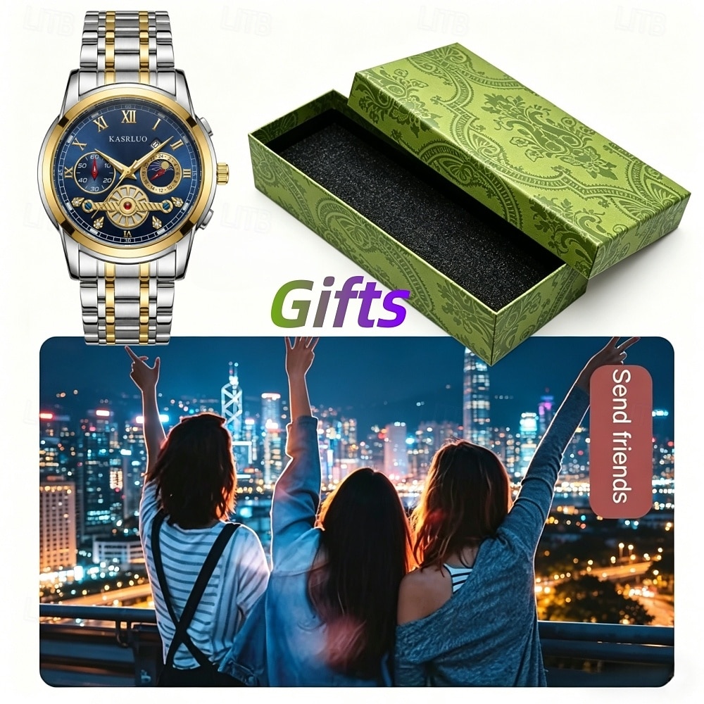 Blue Dial Men's Watch, Luxury Moon Phase Business Wristwatch, Two-Tone Stainless Steel Analog Watch with Skeleton Flywheel & Gift Box, Waterproof Stylish Gift for Men, Silver and Gold 2026 - $25.99 –P1