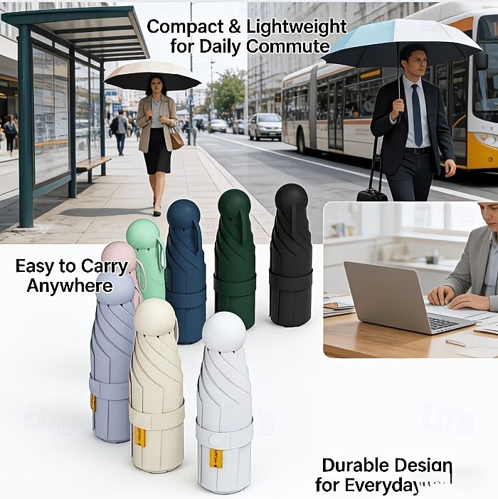 Sammenleggbar kapselparaply med seks ribber, svart, UV-bestandig, ultralett, egnet for både regn og solskinn, UPF50-tilbud, for daglig pendling, shopping, korte turer, reise, piknik 2026 - $15.49 –P7