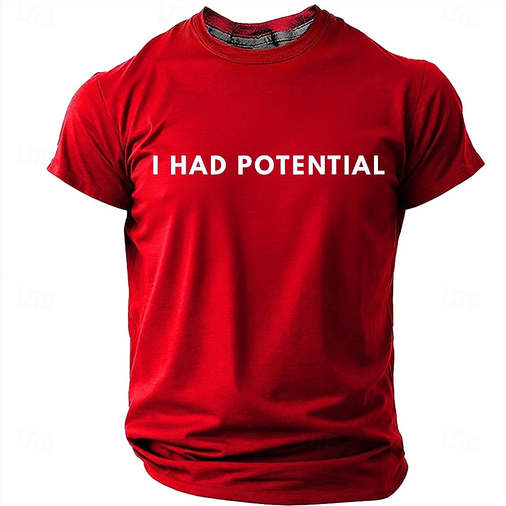 Heren T-shirt met de tekst "I had potential" (grappig, sarcastisch, minimalistisch, meme), normale pasvorm, begaafd, kind, burn-out, humor, casual, dagelijkse designerkleding, maten S, M, L, XL, XXL, 2026 - $19.99 –P1