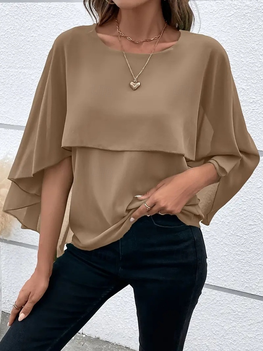 Mulheres Blusa Franzido Côr Sólida à moda Básico Casual Manga 3/4 Gola Redonda Tops regulares Diário Azul Preto Rosa Vermelho Camelo Verão Primavera Outono de 2026 por $25.99 –P4