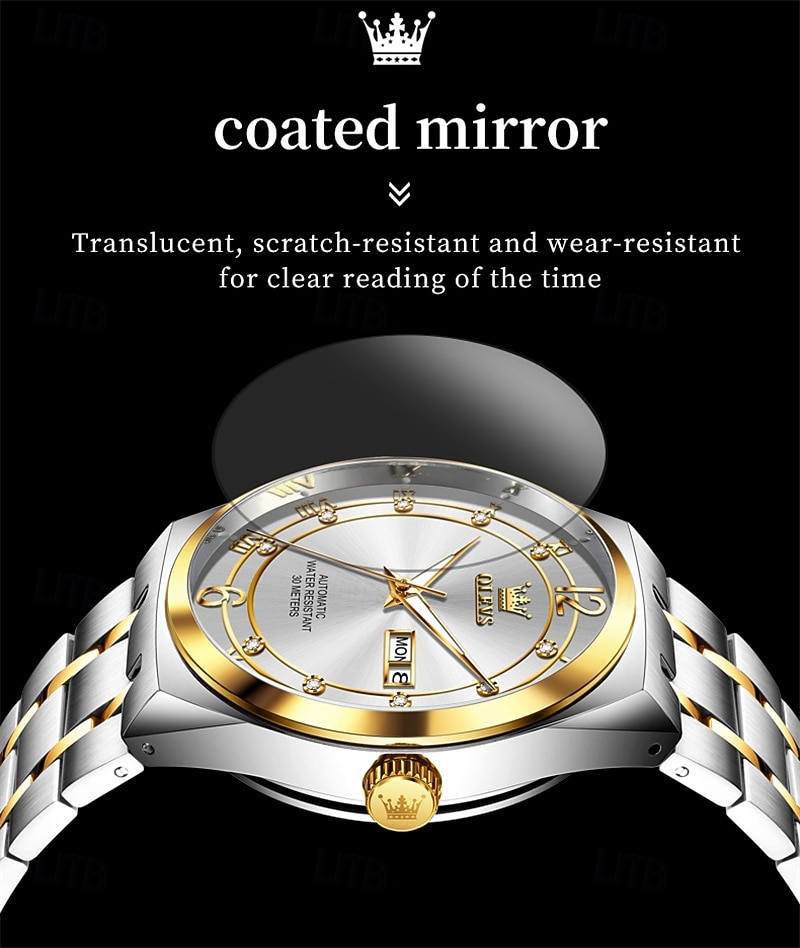 Men's Automatic Watch - Luxury Two-Tone Gold Stainless Steel Business Self Winding Wristwatch with Day Date, Waterproof Luminous Analog Dress Watch, Elegant Present for Husband Dad Son 2026 - $98.99 –P8