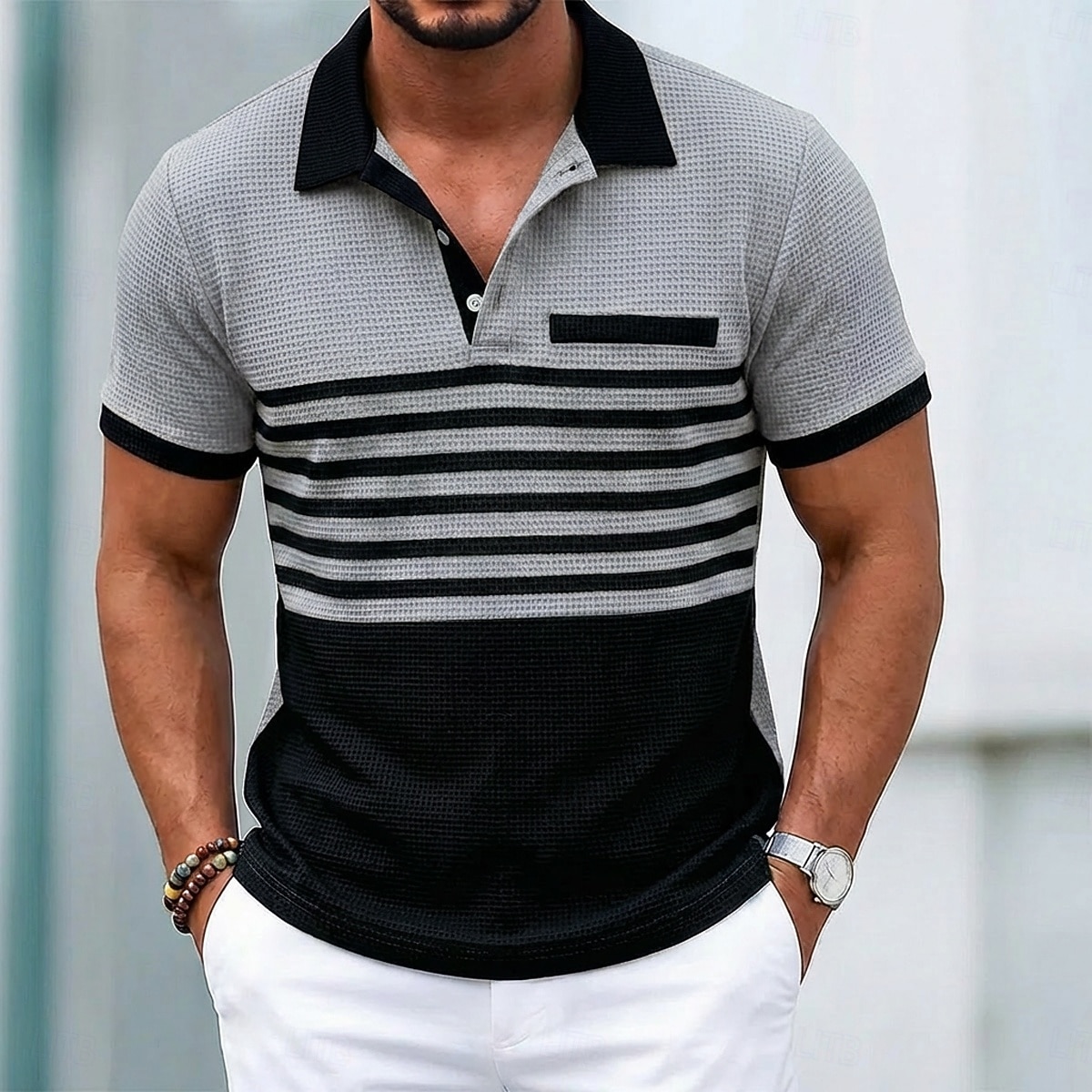 Voor heren Golfshirt Wafelgebreid poloshirt Casual liiketoiminta Klassiek Korte mouw Modieus Modern Effen Kleur Gestreept Knop Zomer Lente Normale pasvorm Wit Koningsblauw Groen Khaki Grijs Golfshirt 2026 - $20.99 –P7