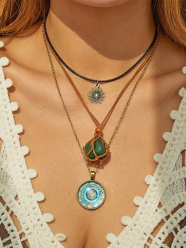 Dámská sada náhrdelníků v bohémském stylu ze smíšených materiálů, 3dílná šperková sada, ležérní a plážové outfity, ideální pro každodenní bohémské outfity 2026 - $9.99 –P2
