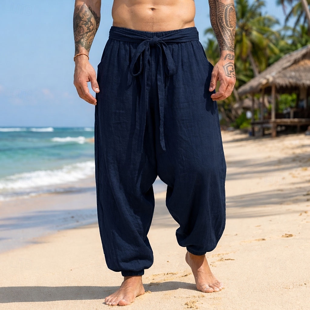 Herren Leinenhosen Sommerhose Baggy-Hosen Strandhose Kordelzug Elastischer Bund Einfach Komfort Atmungsaktiv Volle Länge Täglich Outdoor Strand Urlaub Böhmische Gelb Wein Unelastisch 2026 - $25.99 –P4