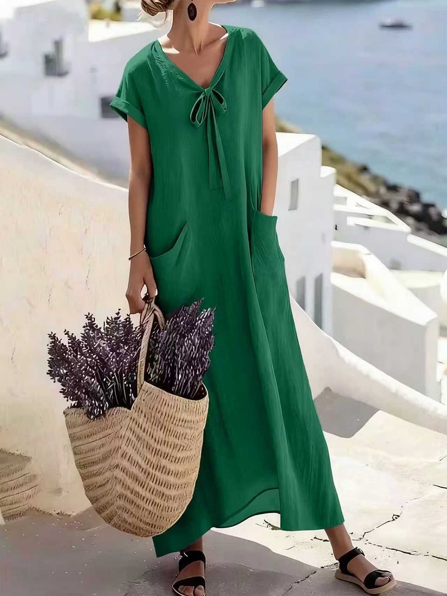 Femmes Robe maxi Robe trapèze Robe d'été Occasionnel Quotidien Coupe Ample Uni Manche Courte Col en V Bleu Ciel Violet Claire Vert Gris Été Printemps de 2026 ? $36.99 –P3