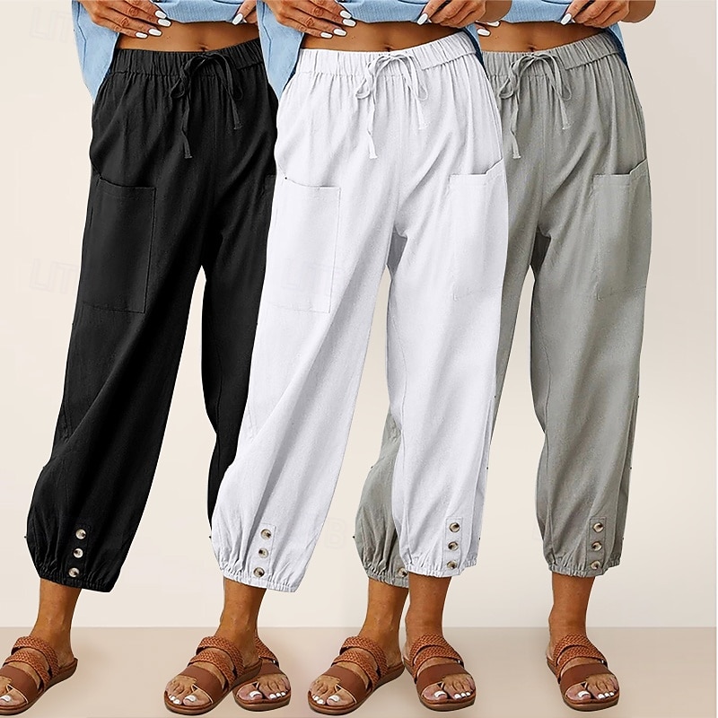 Conjunto com 3 calças capri femininas de algodão, ideais para o verão, casuais, básicas, cintura alta, lisas, com bolsos, cintura elástica, confortáveis, respiráveis, sem elasticidade, para uso diário, em casa e nas férias, nas cores azul, azul marinho e  de 2026 por $47.99 –P7