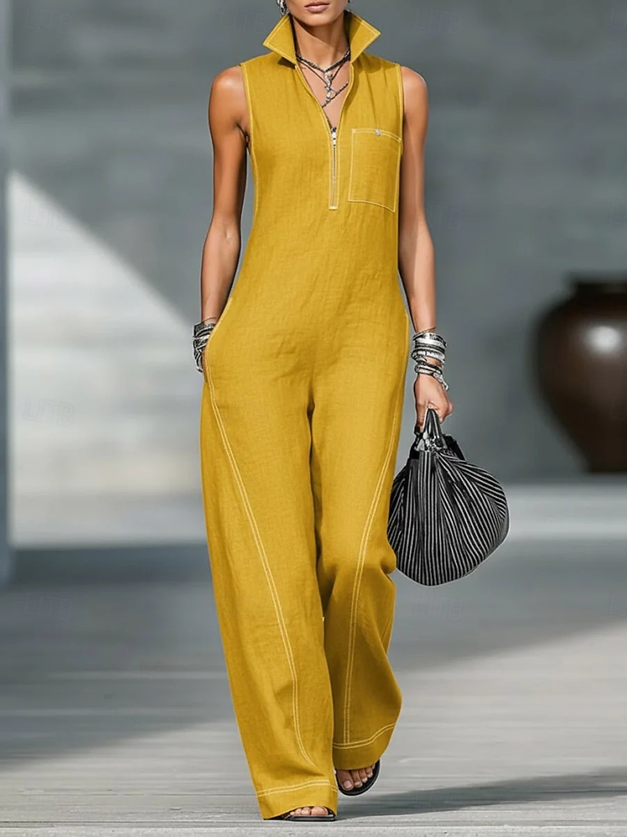 Women's Normal Jumpsuit Active Solid Color Sleeveless Wide Leg Shirt Collar Zipper Pocket Daily Vacation Loose Fit Blue Black Yellow Summer 2026 - $39.99 –P6